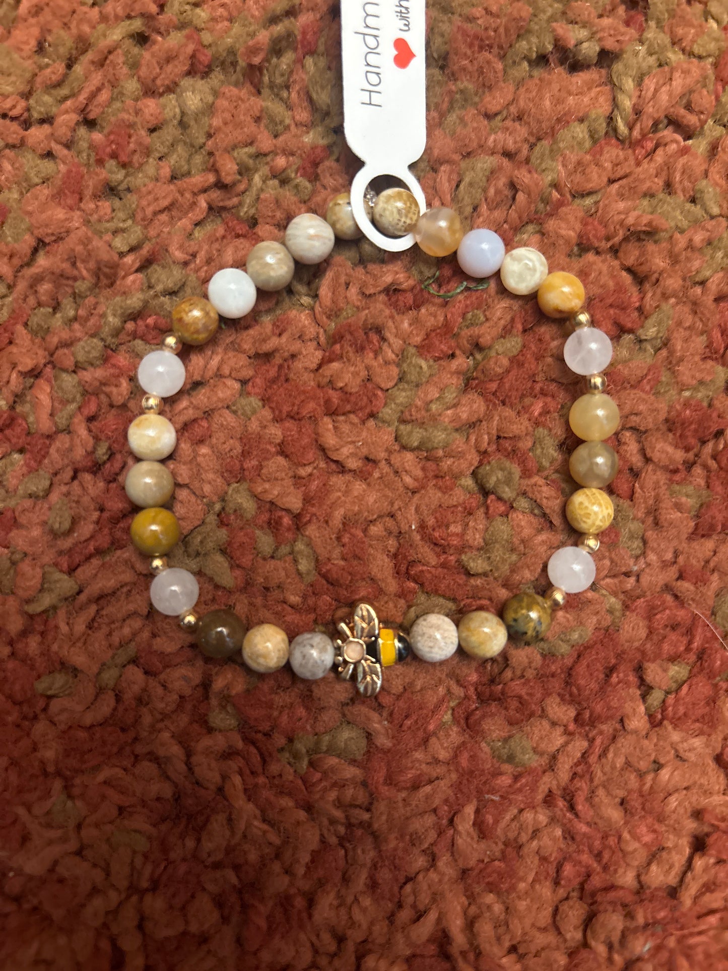 Flowerstone & white jade crystal bracelet - 7.5”