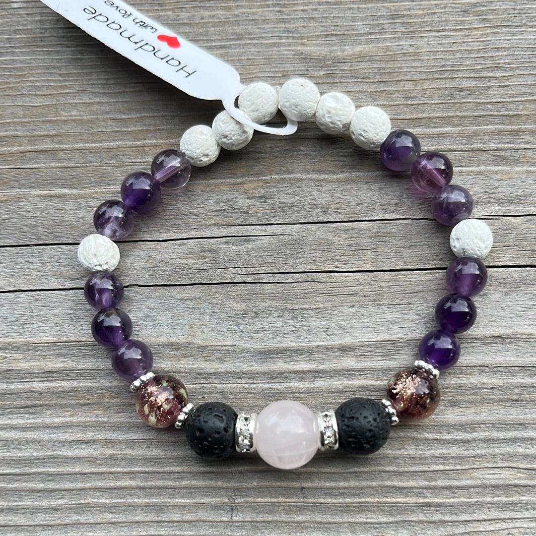 Rose Quartz, Lava Stone, Glow in dark glass and Amethyst - 6 3/4”