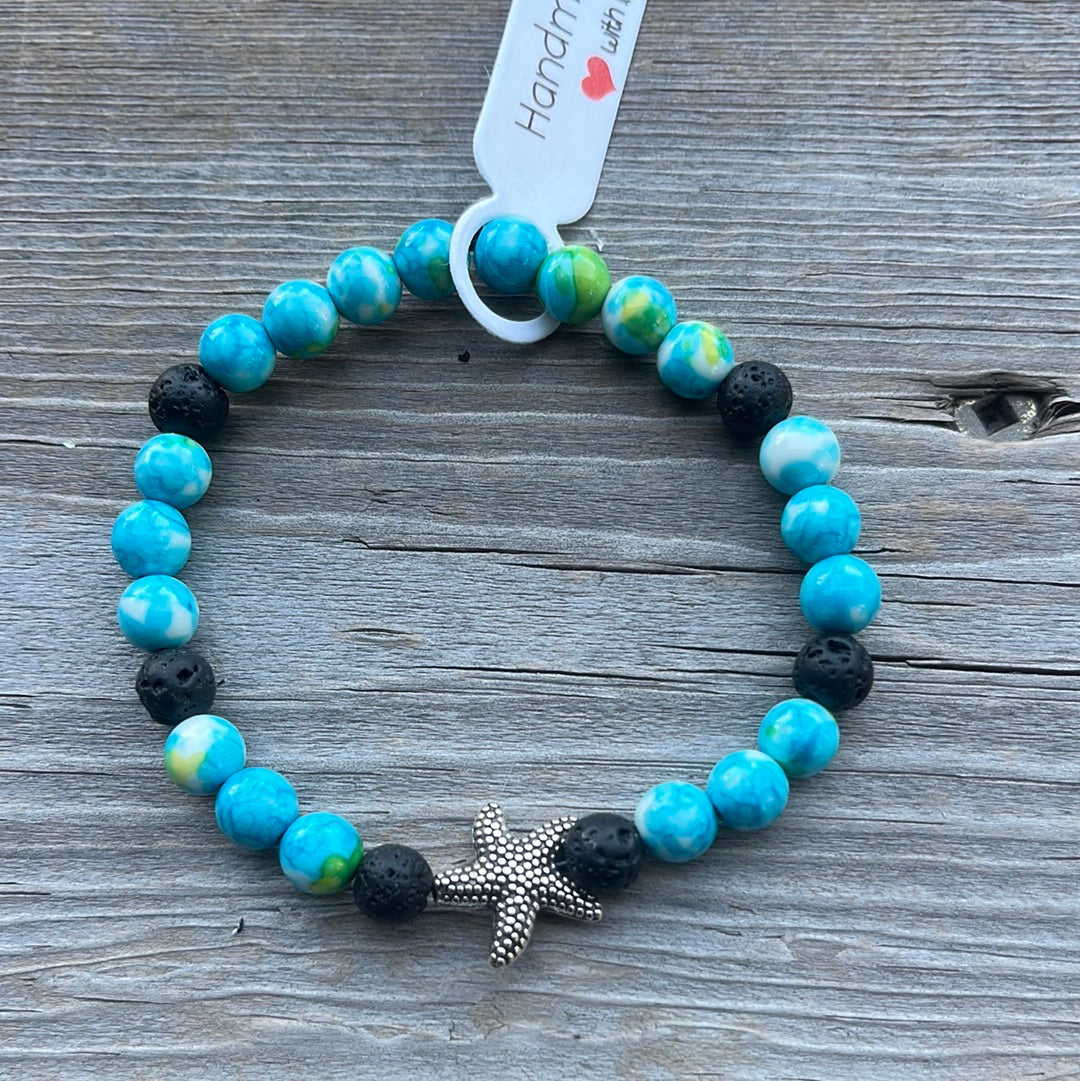 Ocean Jade and Lava Stone Crystal Bracelet - 7” silver starfish