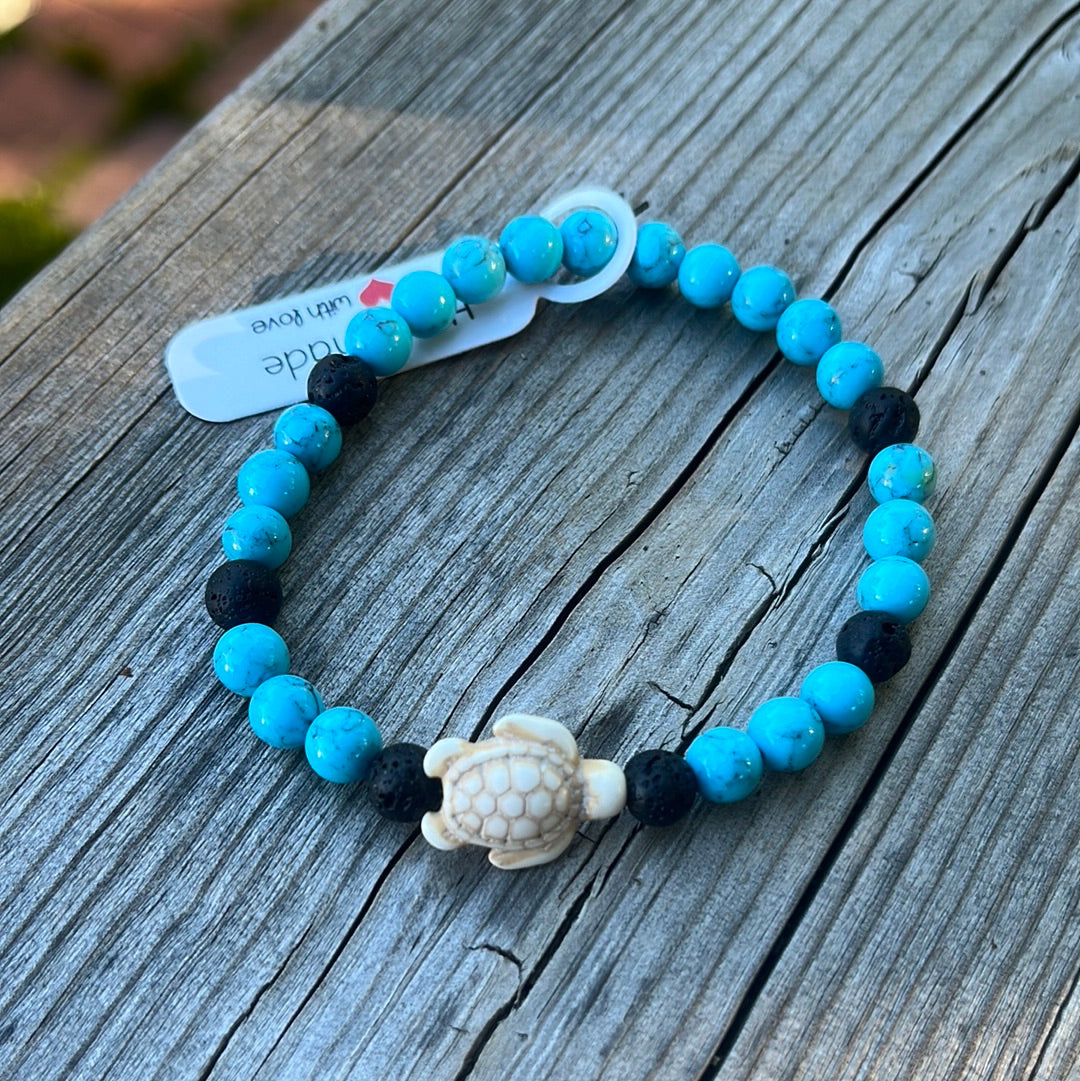 Turquoise and Lava Stone Crystal Bracelet - 7.5” turtle