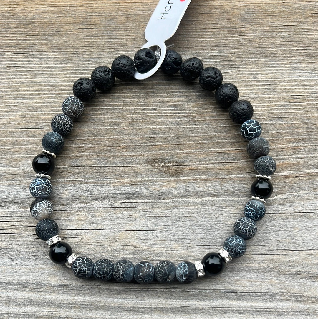 Weathered agate, black agate and lava stone crystal bracelet - 7.5”