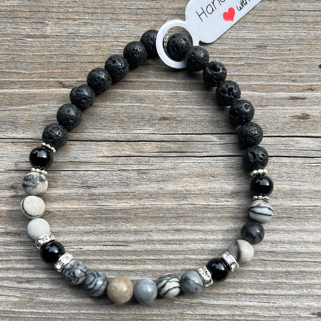 Black network agate, black agate and lava stone crystal bracelet - 7.5”.