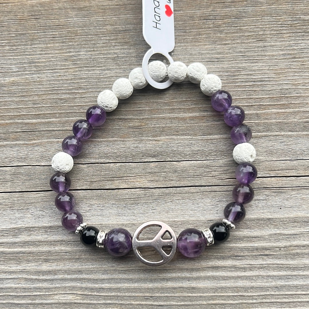 Amethyst, Agate and Lava Stone Crystal Bracelet - 7” peace sign