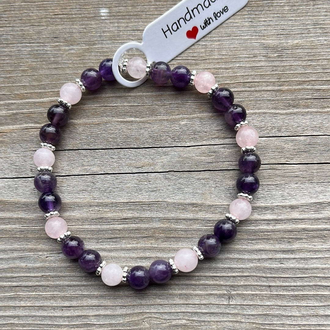 Amethyst and Rose Quartz Crystal Bracelet - 7”