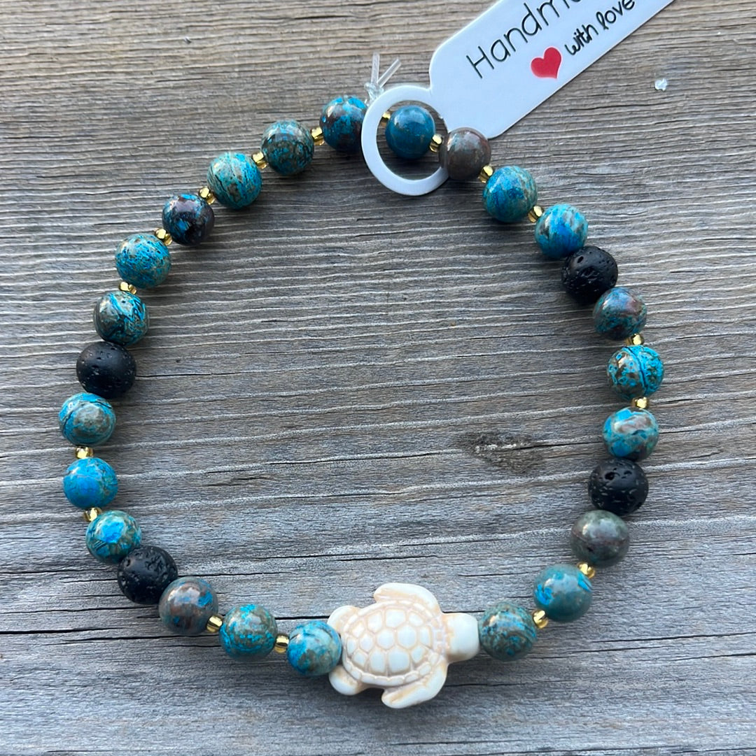 Chrysocolia and Lava Stone Crystal Bracelet- 7.5” turtle