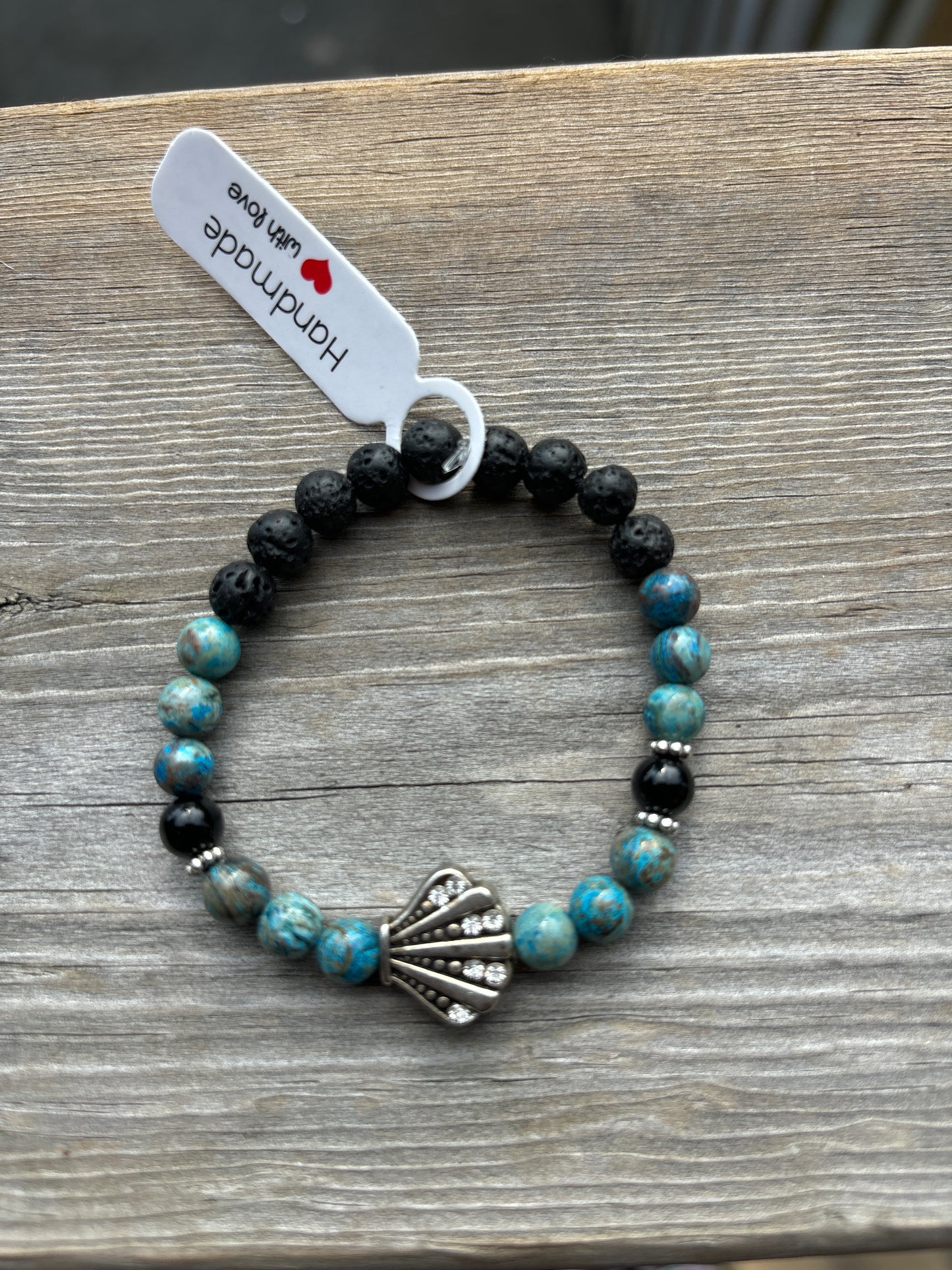 Chrysocolla, black agate and lava stone crystal bracelet - 6.5”