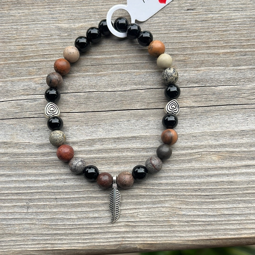 Jasper and agate crystal bracelet - 7”. Feather & hearts