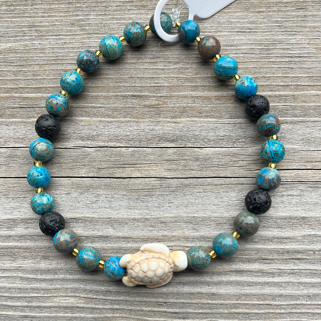 Chrysocolia, lava stone and turquoise turtle crystal bracelet - 7.5” turtle