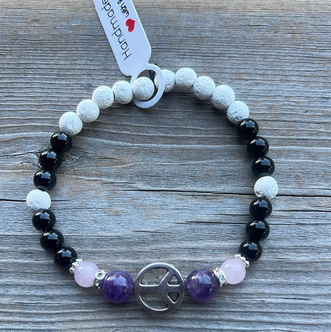 Amethyst, Rose Quartz, Agate and Lava Stone Crystal Bracelet - 7.5” peace sign