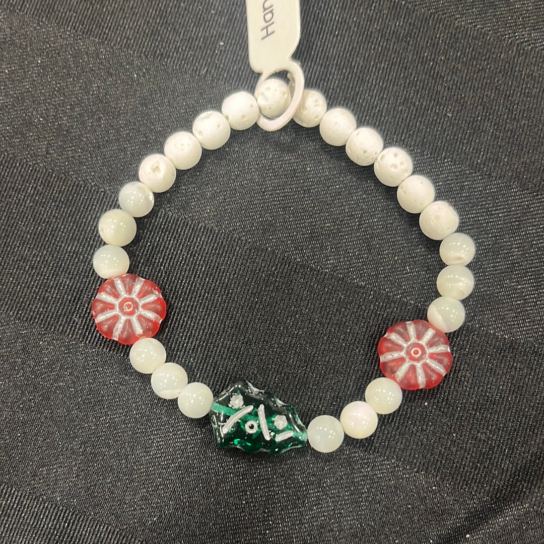 Mother of Pearl and lava stone crystal Christmas bracelet - 7” Christmas tree