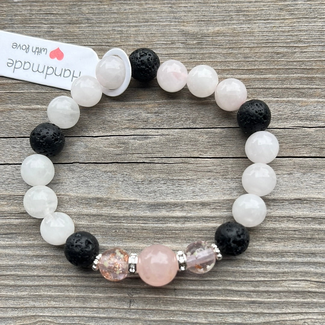 Rose Quartz, glow in dark glass and Lava Stone Crystal Bracelet - 7”