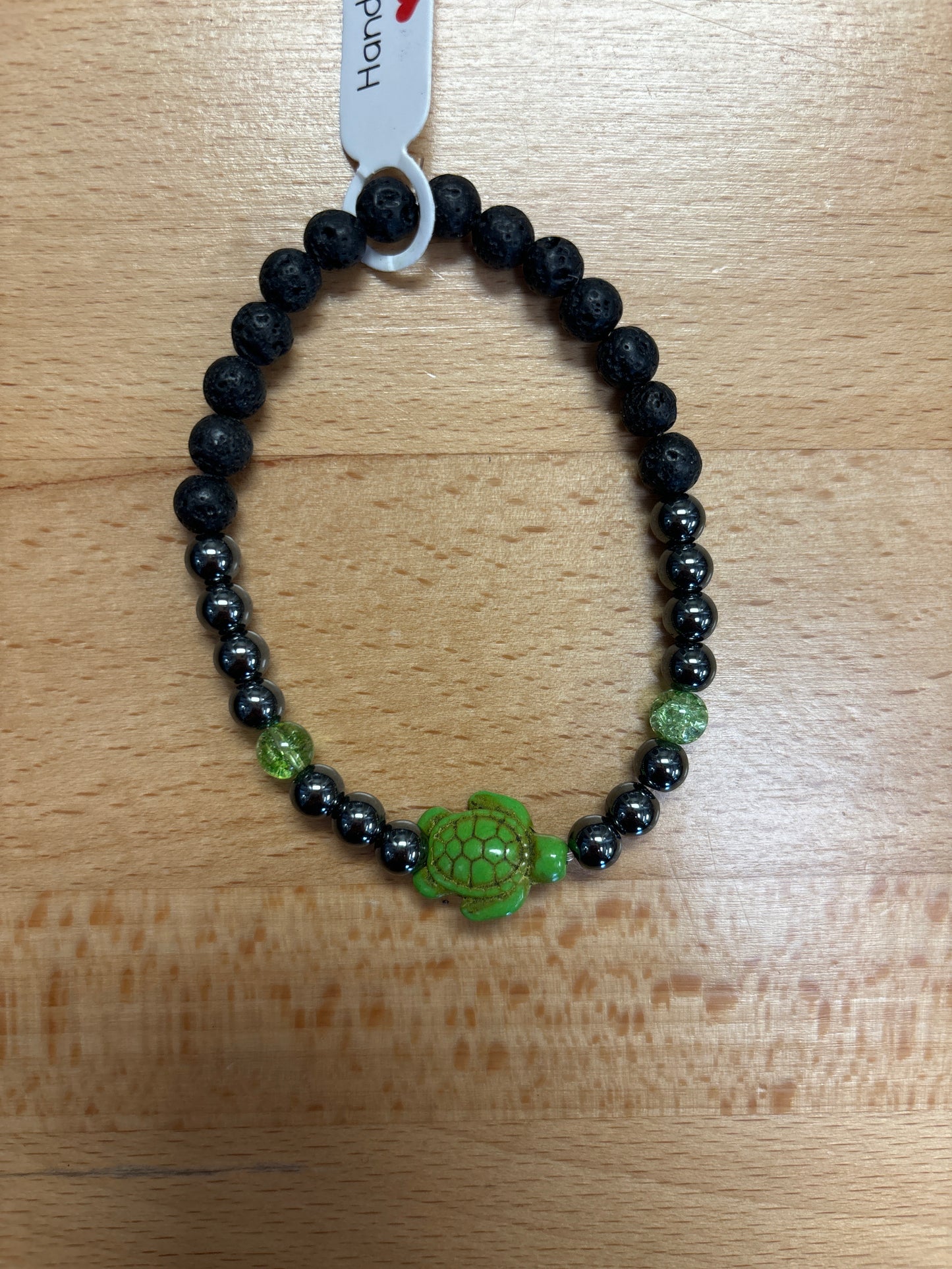 Hematite, green quartz and lava stone crystal bracelet- 7.5” green turtle