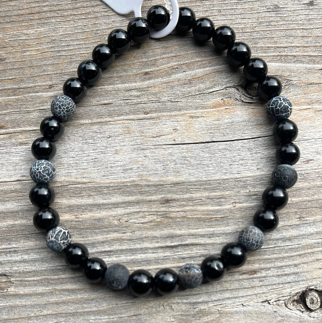 Weathered agate and black agate crystal bracelet - 7.5”