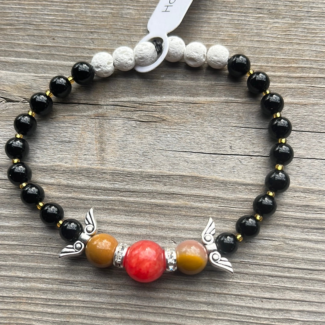 Quartzite,Mookite, Agate and Lava Stone Crystal Bracelet-7.5” angel wings
