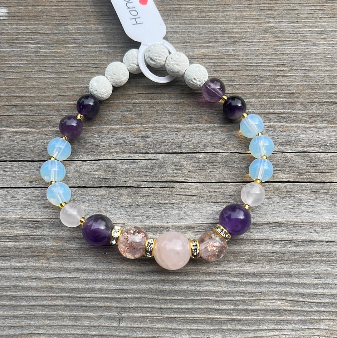 Rose Quartz, glow in the dark glass, Amethyst, Opalite and Lava Stone Crystal Bracelet - 6.5”