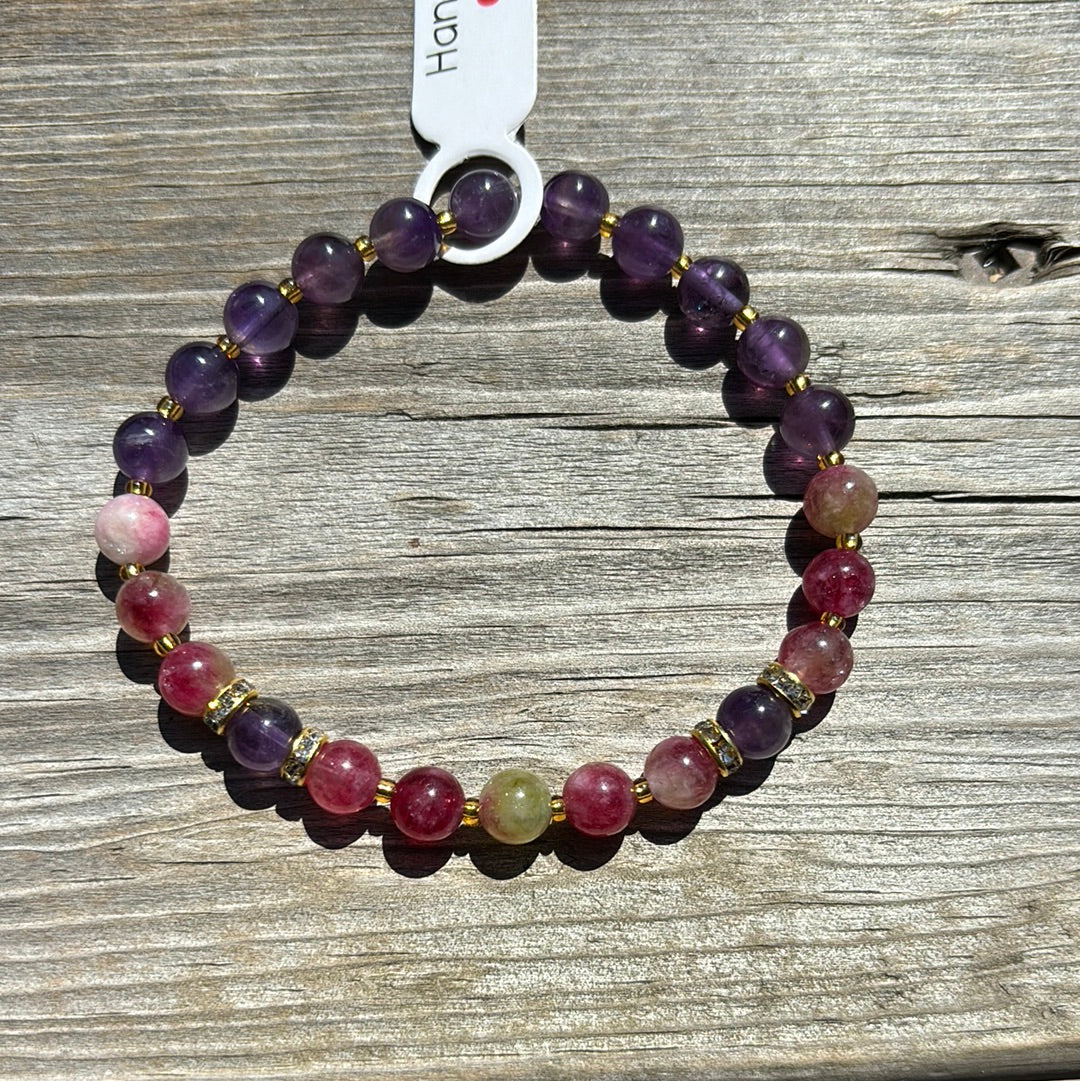 Watermelon tourmaline and amethyst crystal bracelet - 7”.