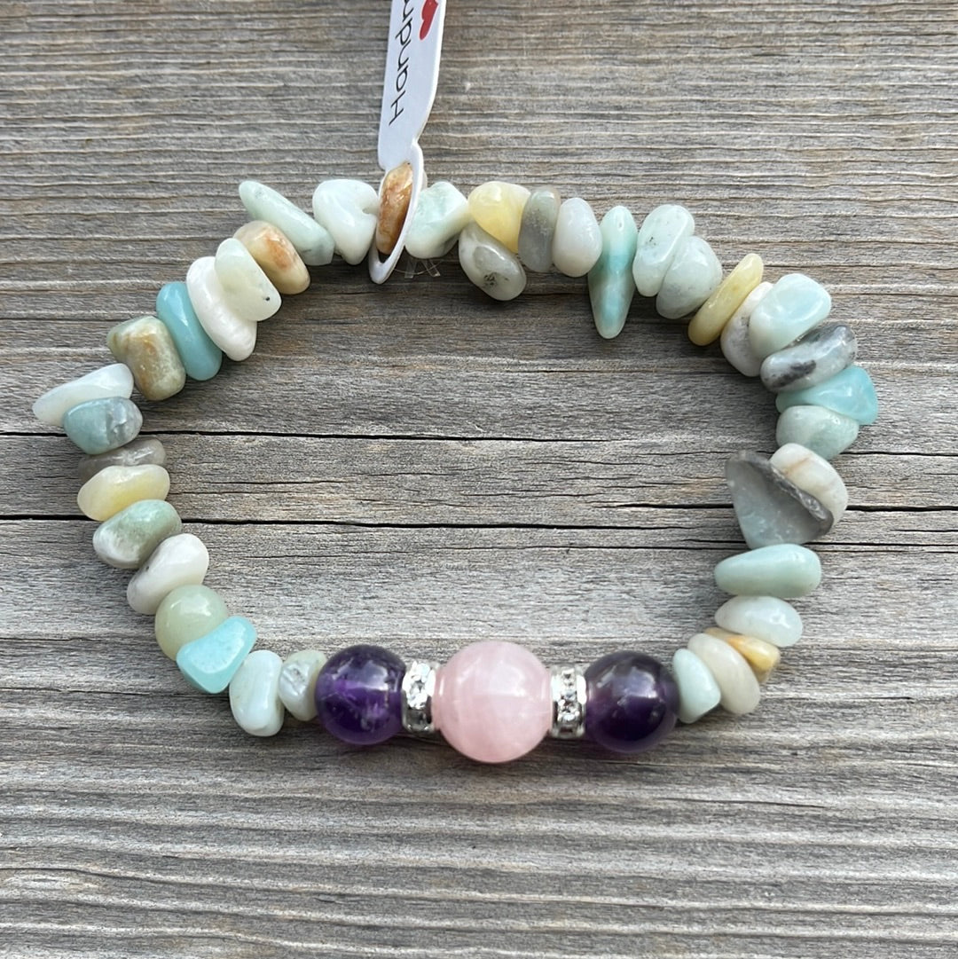 Rose Quartz, Amethyst and Amazonite Crystal Bracelet - 6 3/4.