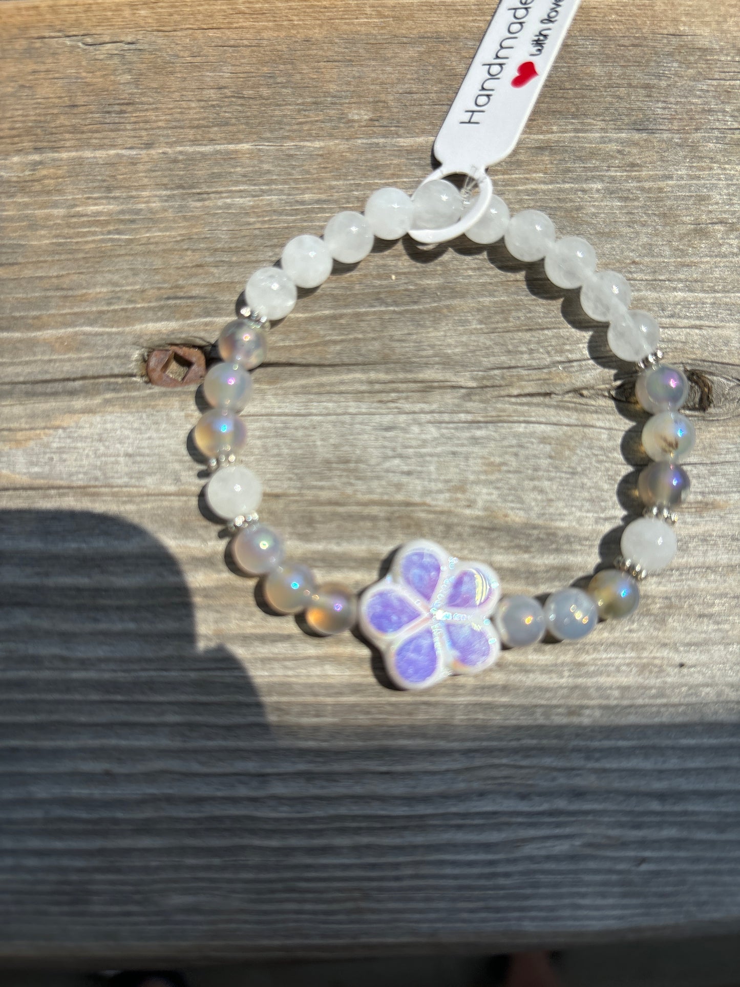 Grey agate and white jade crystal bracelet - 7”.