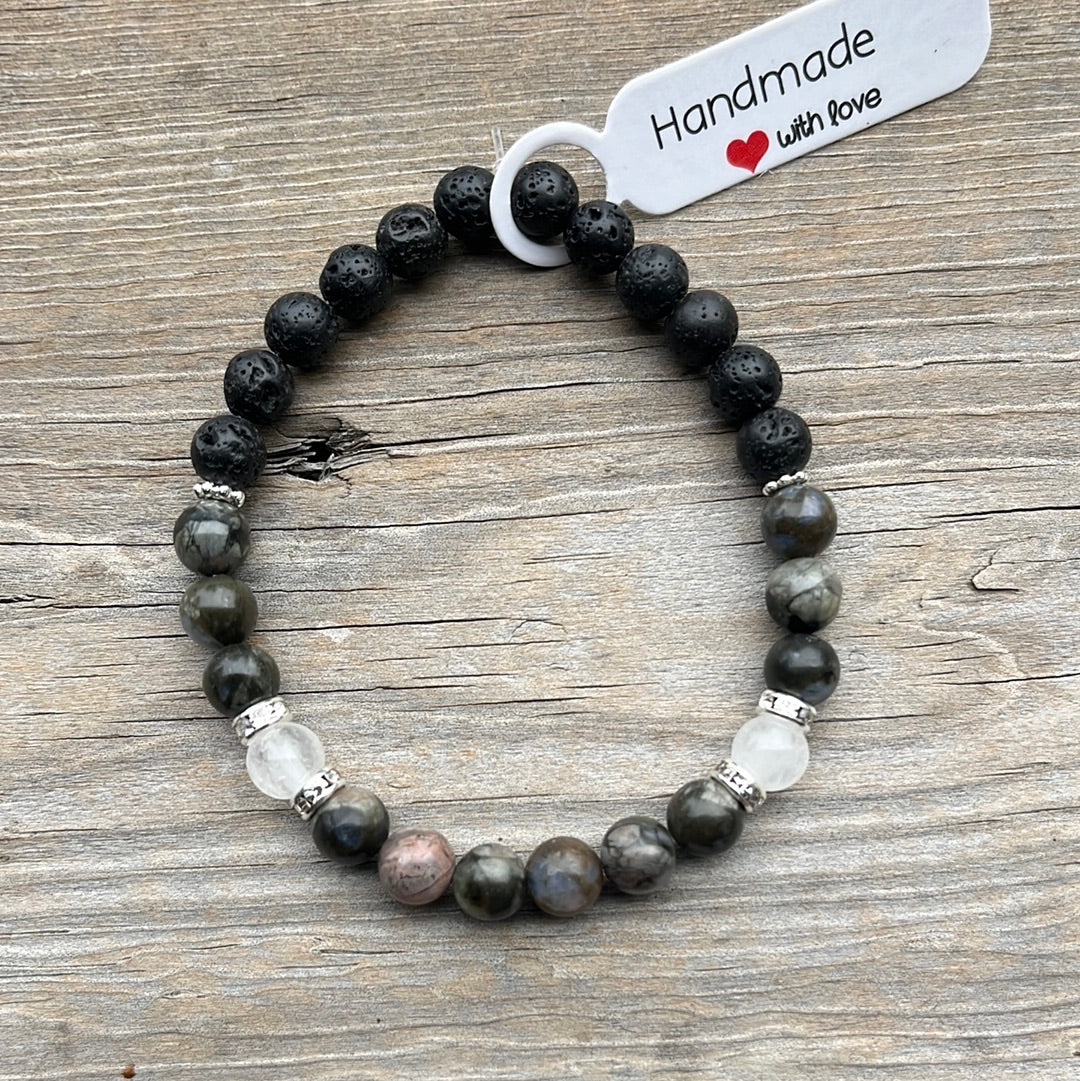 Glaucophane, white jade and lava stone crystal bracelet - 7”.
