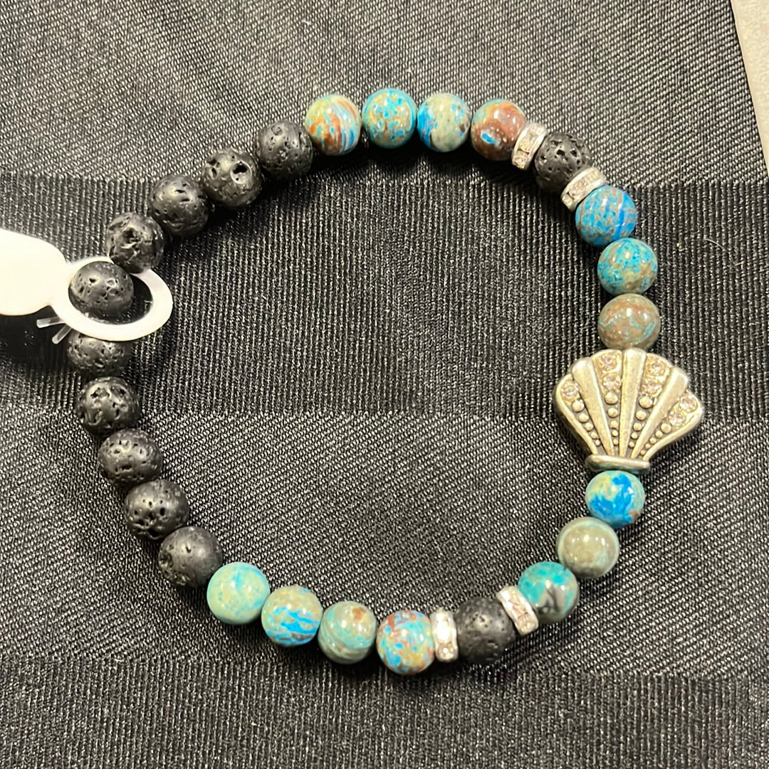 Chrysocolla and lava stone crystal bracelet - 7”. Silver seashell