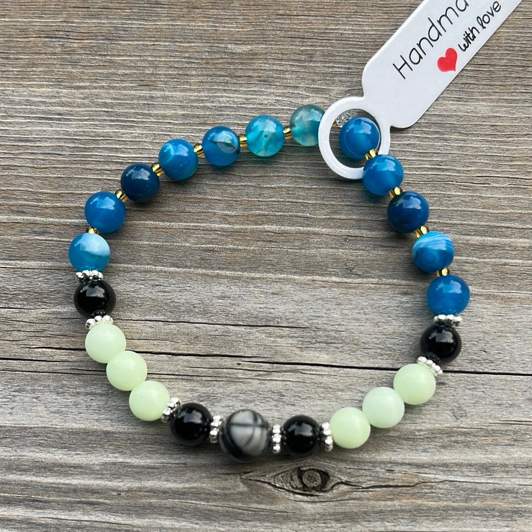 Jasper, glow in the dark glass, lava stone and agate crystal bracelet - 6.5”.