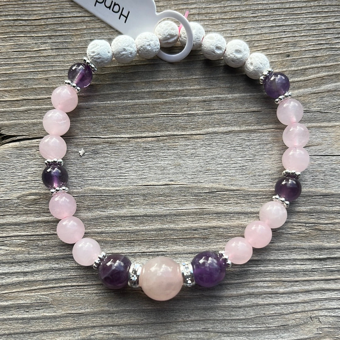 Rose Quartz, Amethyst and Lava Stone Crystal Bracelet - 7.5”.