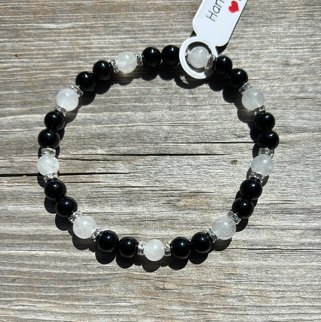 Black agate and snow quartz crystal bracelet - 7.5”