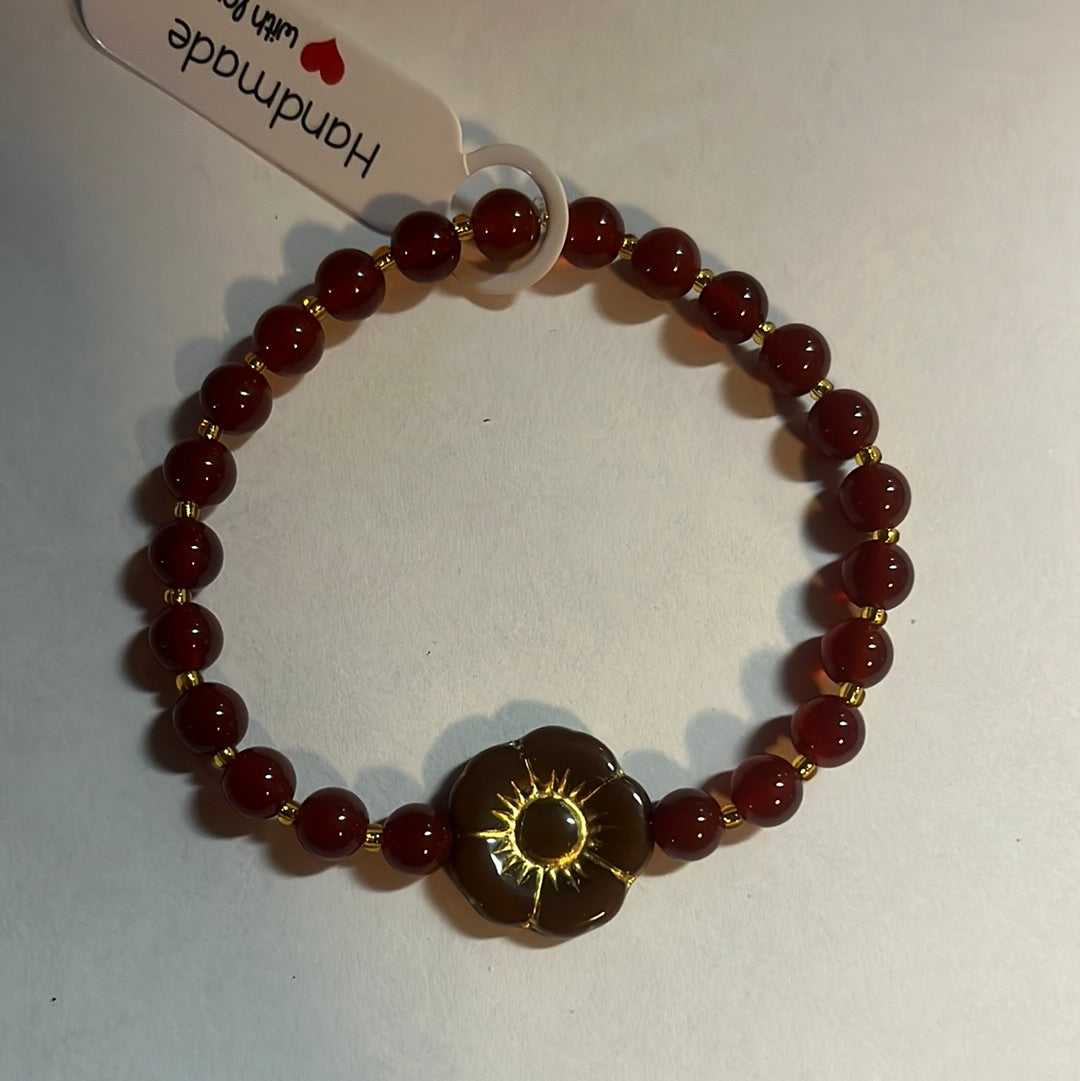 Carnelian crystal bracelet - 7” deep red flower