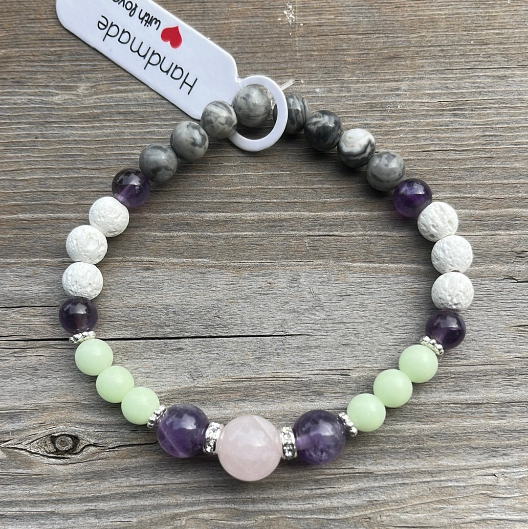 Rose Quartz, Amethyst, glow in the dark glass, lava stone and Mapstone crystal bracelet - 7”