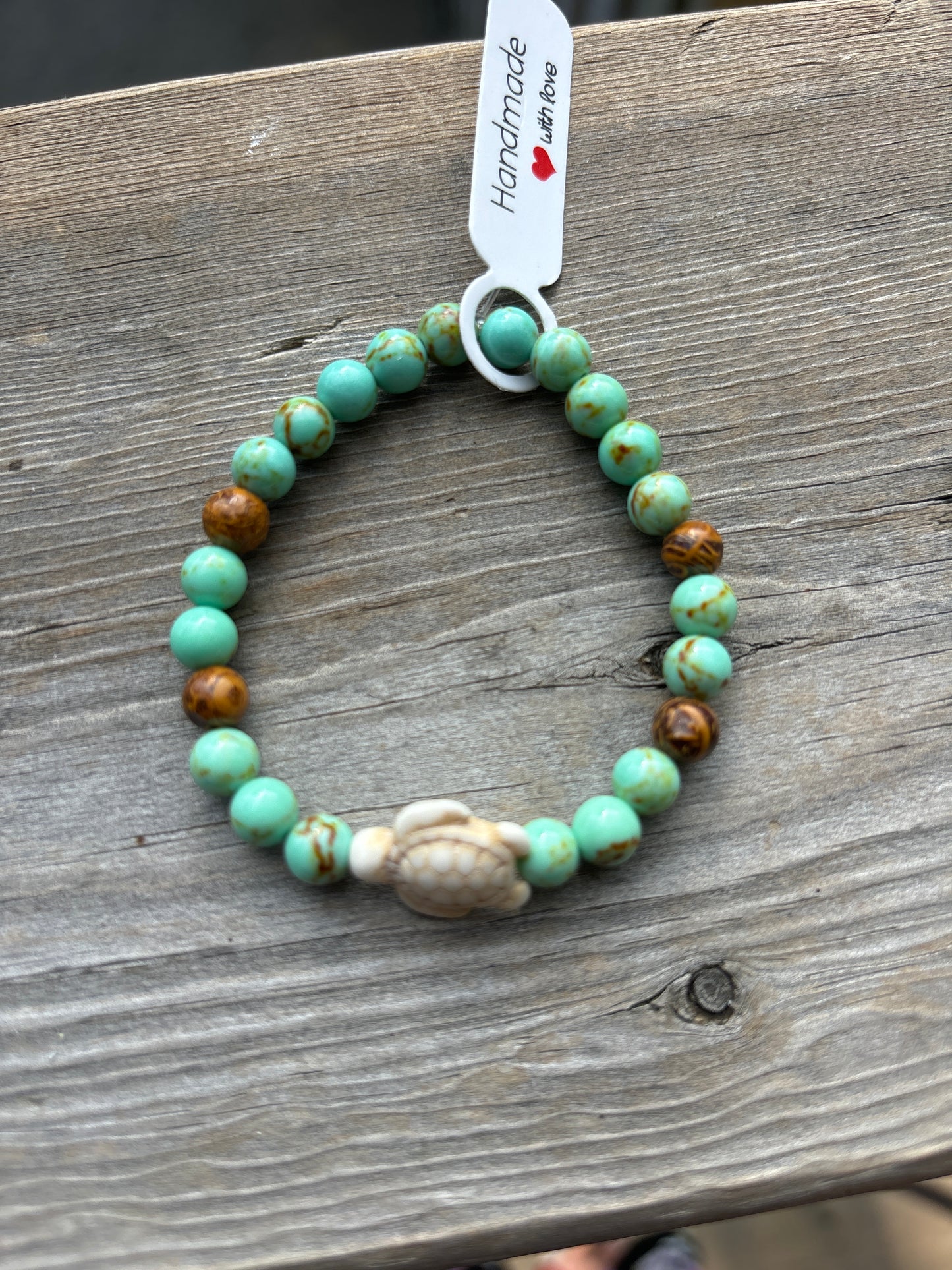 Turquoise and elephant jasper crystal bracelet - 6.5” white turtle