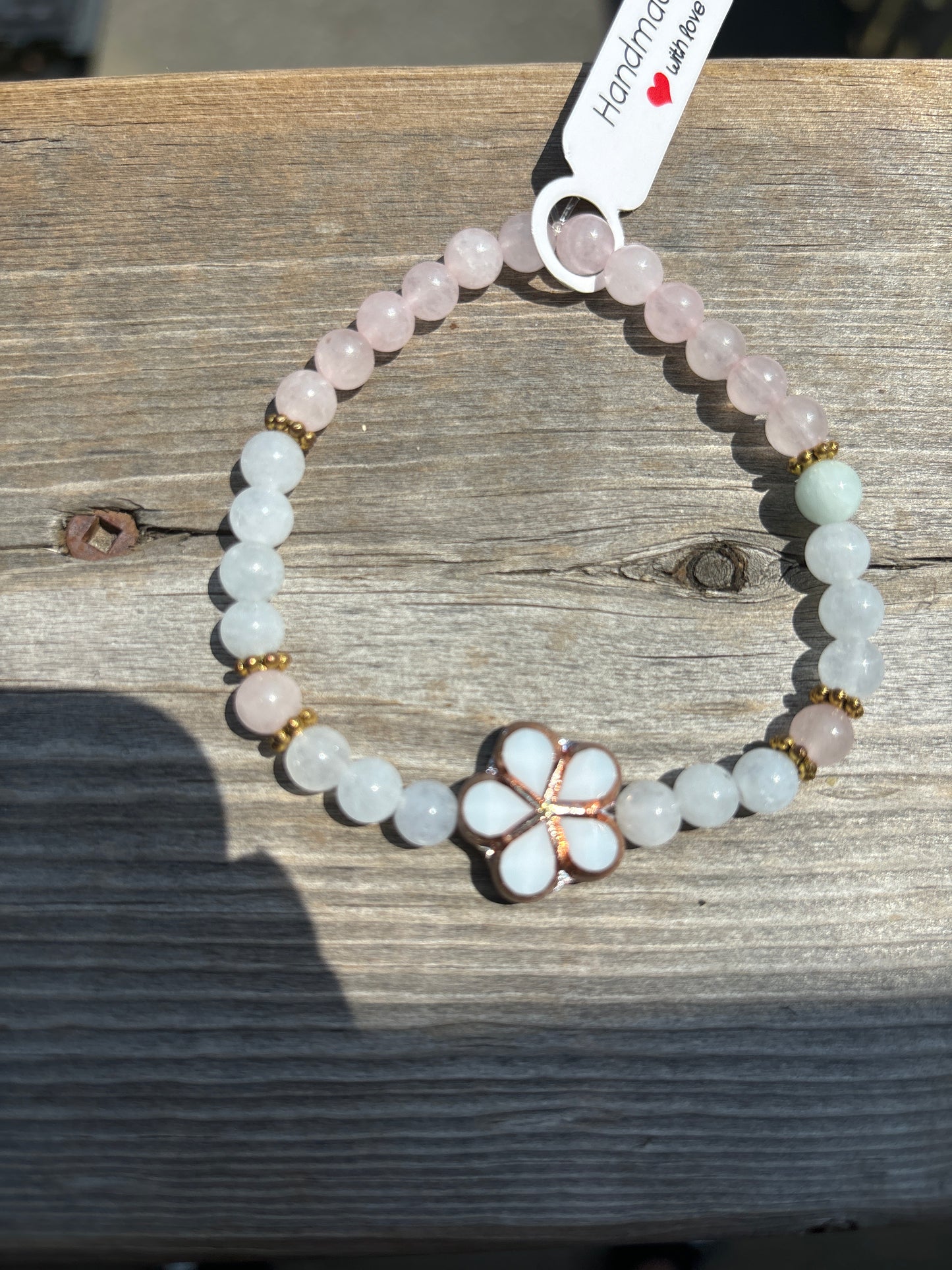 Aquamarine and rose quartz crystal bracelet- 7.5”white flower