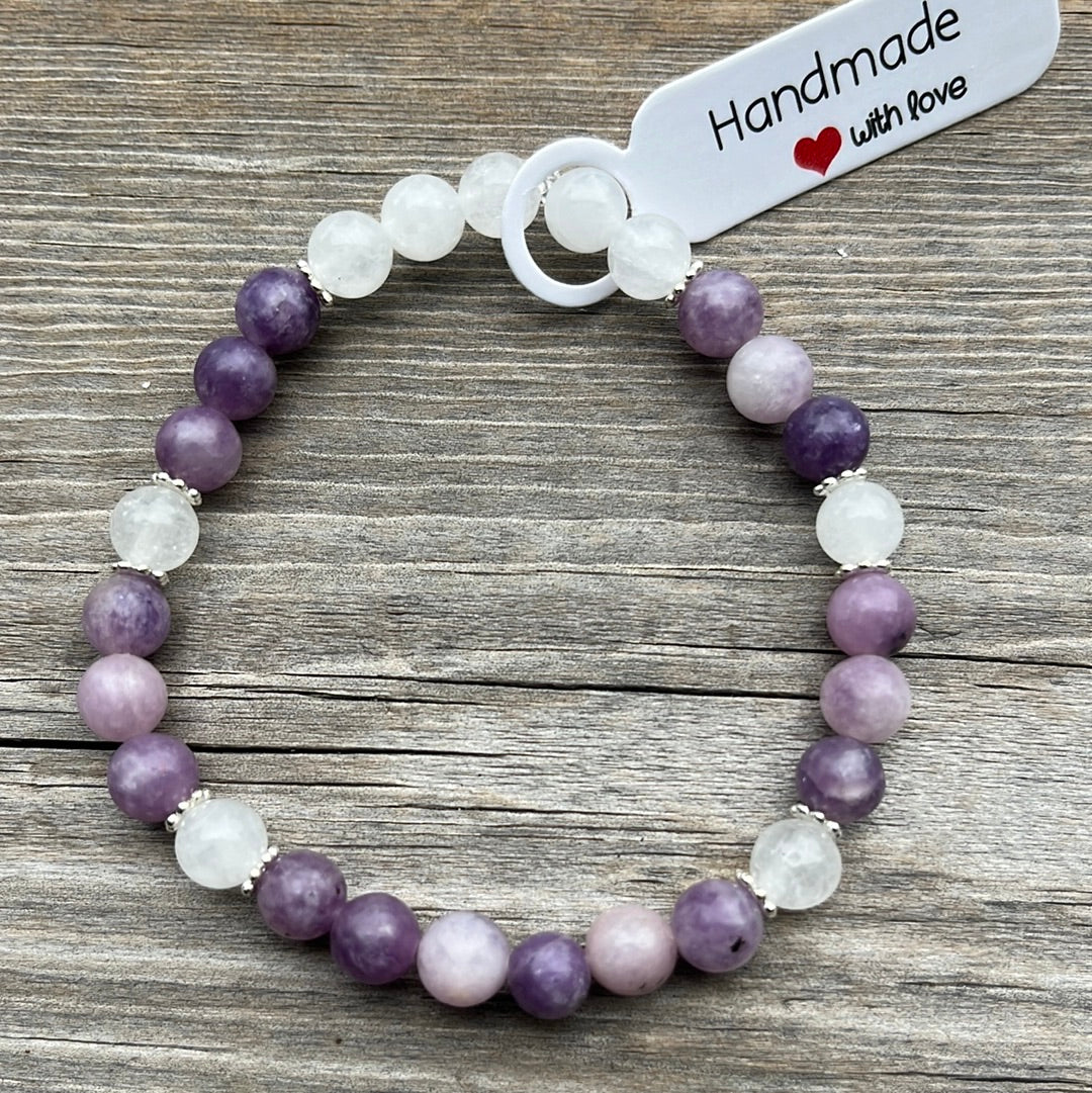 Purple Mica and white jade crystal bracelet - 7”.