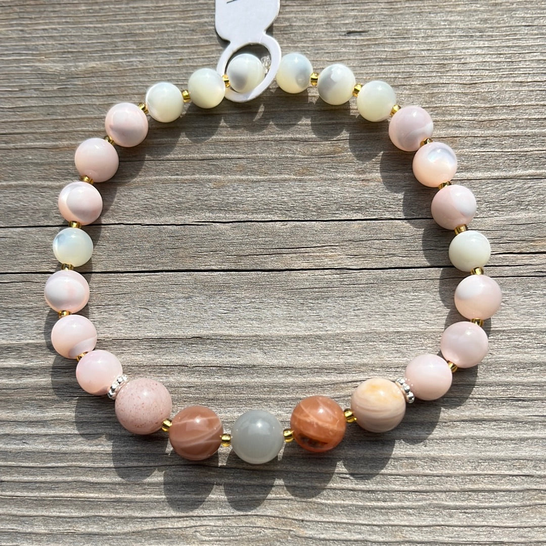 Sunstone and Mother of Pearl Crystal Bracelet - 7.5”
