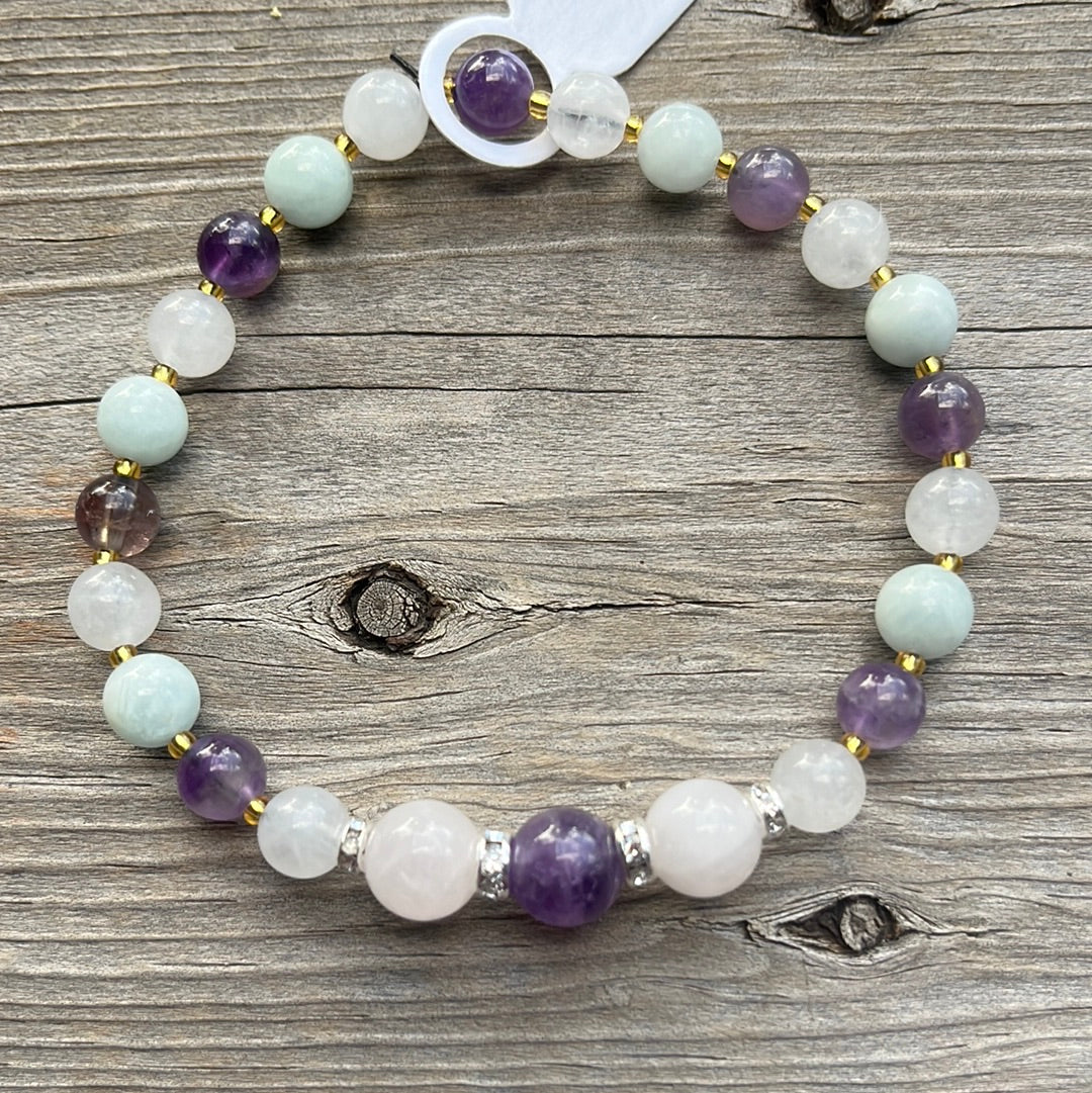 Amethyst, Rose Quartz and Aquamarine Crystal Bracelet-7”.
