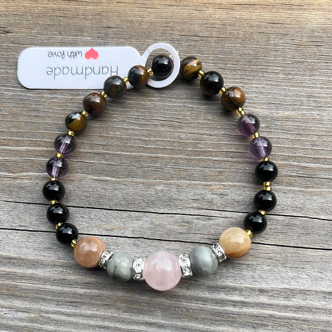 Rose Quartz, Jasper, Sunstone, Amethyst and Tiger Eye Crystal Bracelet - 7”
