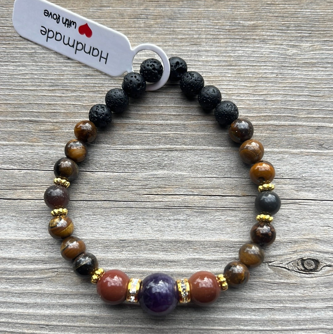Amethyst, Mookite, Tiger Eye and Lava stone crystal bracelet-7”.