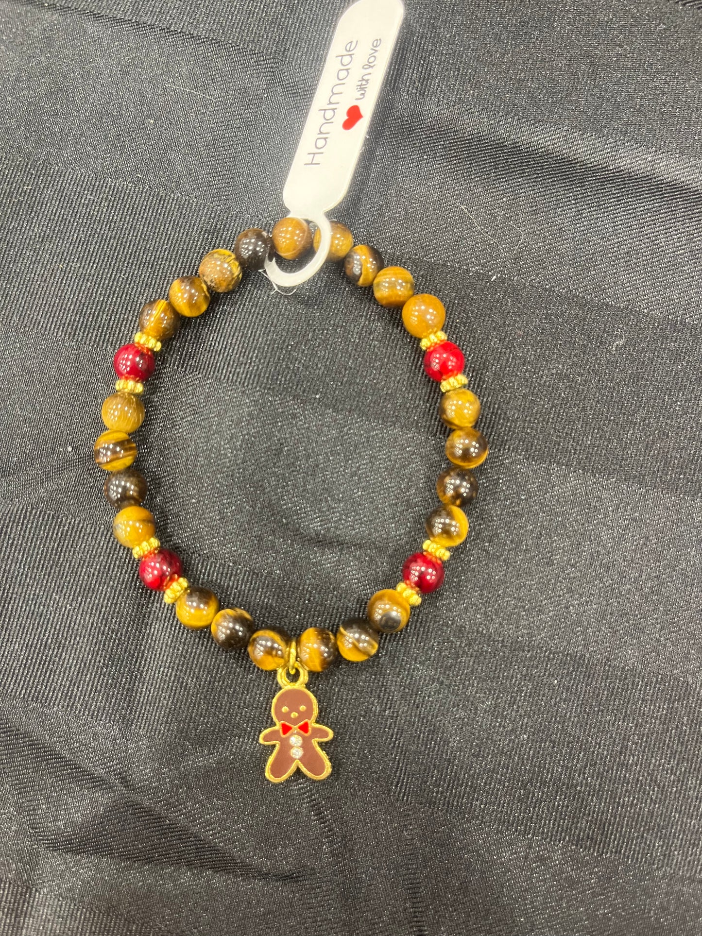 Tiger Eye and Red Quartz crystal christmas bracelet - 7.5” gingerbread man