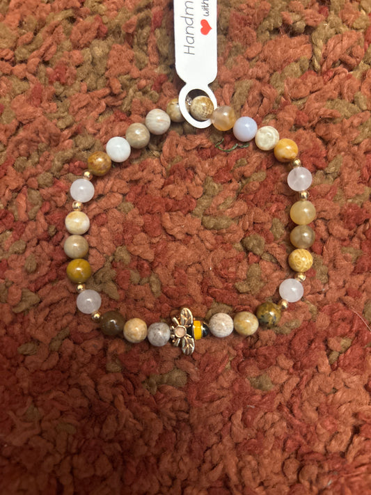 Flowerstone & white jade crystal bracelet - 7.5”