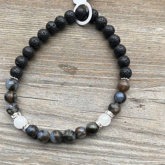 Glaucophane, white jade and lava stone crystal bracelet - 7.5”.