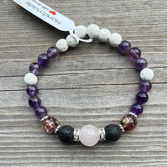 Rose Quartz, Lava Stone, Glow in dark glass and Amethyst - 6 3/4”