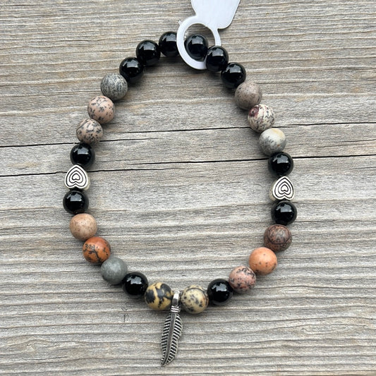 Jasper and agate crystal feather bracelet - 7”