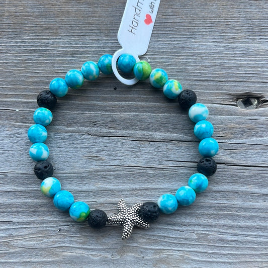 Ocean Jade and Lava Stone Crystal Bracelet - 7” silver starfish