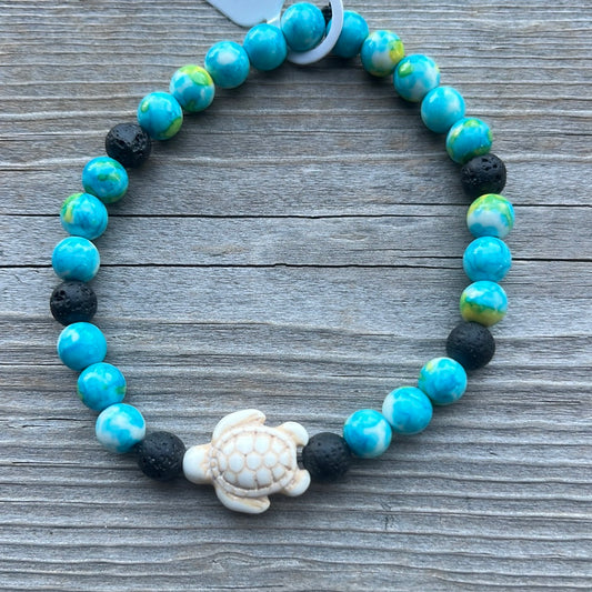 Ocean Jade and Lava Stone Crystal Bracelet - 7.5” turtle