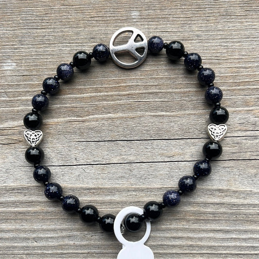 Goldstone and Agate Crystal Bracelet - 7” peace sign and hearts