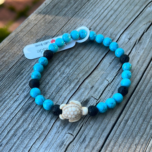 Turquoise and Lava Stone Crystal Bracelet - 7.5” turtle