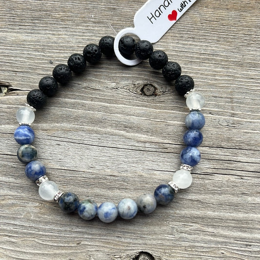 Sodalite, selenite and lava stone crystal bracelet - 7”.