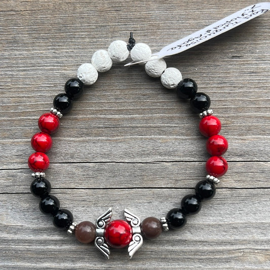 Red Turquoise, Xyopal, Agate and Lava Stone crystal bracelet - 7”. Angel wings