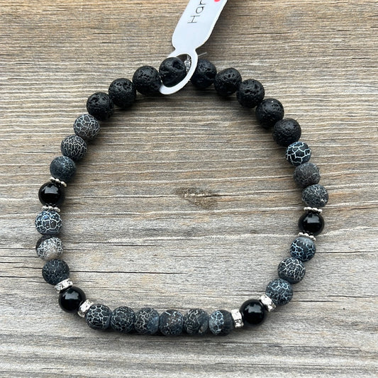 Weathered agate, black agate and lava stone crystal bracelet - 7.5”
