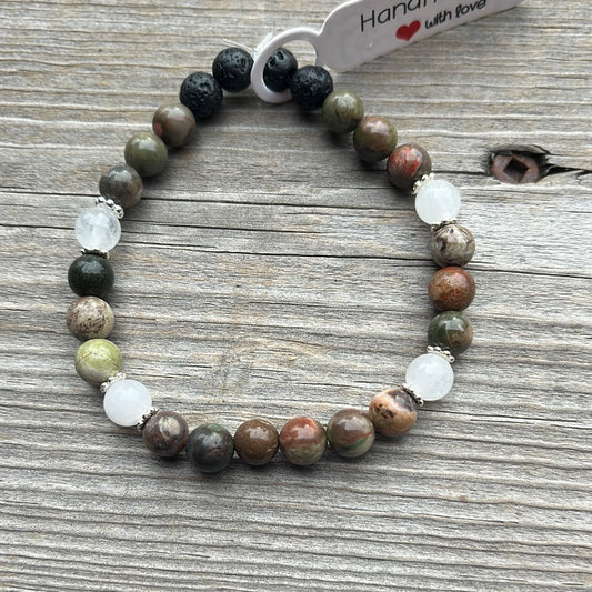 Flower agate, white jade and lava stone crystal bracelet - 7”