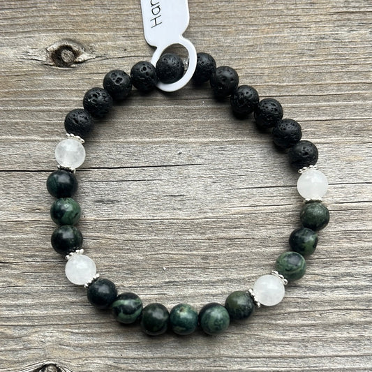 Kambaba, white jade and lava stone crystal bracelet - 7”.